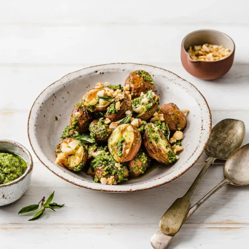Roasted Potato Salad with Warrigal Greens and Caramelised Macadamia Pesto